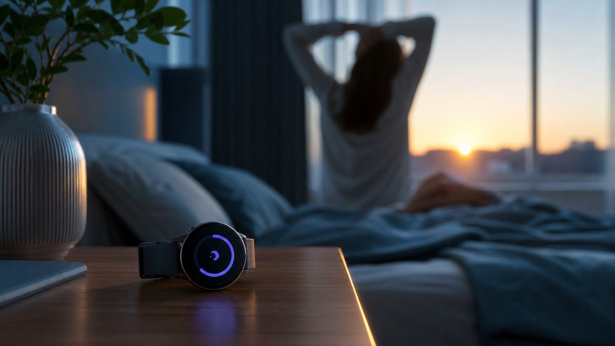 夜明けの寝室と睡眠スコアを表示するスマートウォッチ